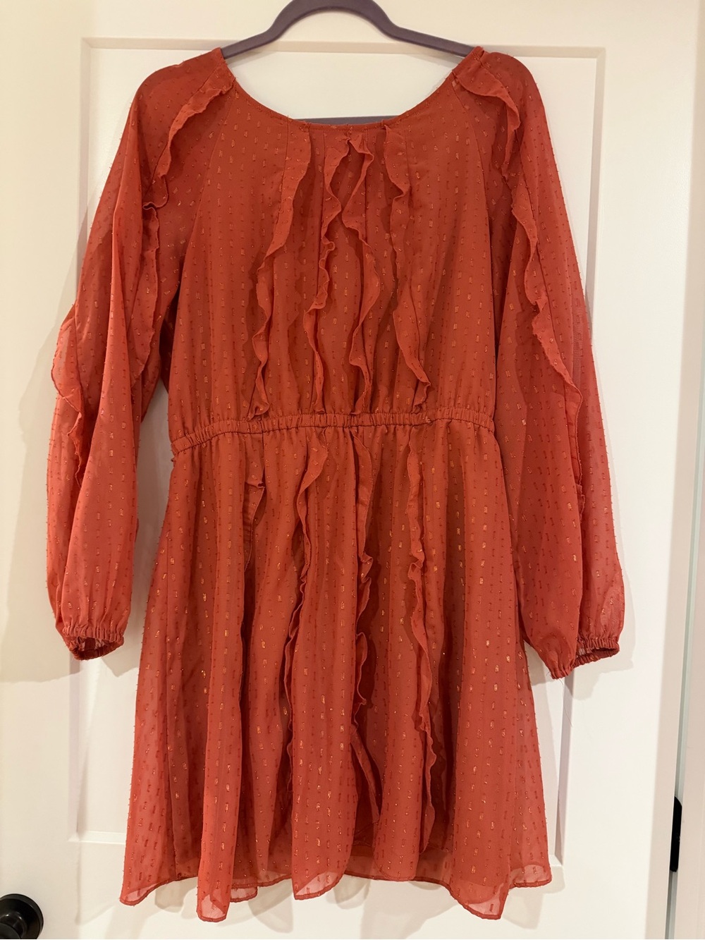 Rust Ruffle Long-Sleeve Women's Dress